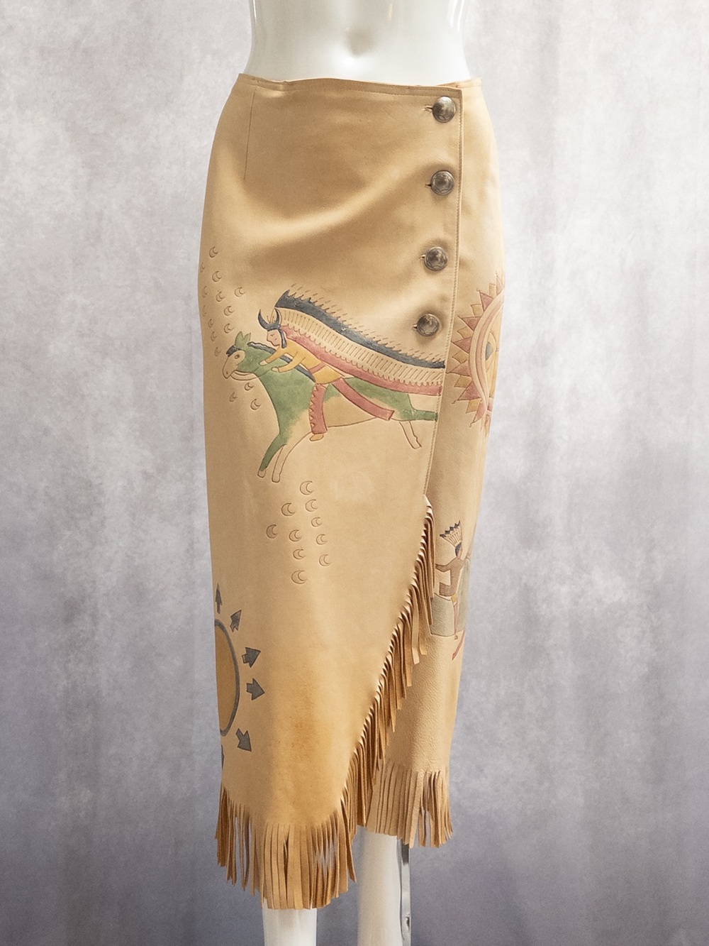 Vtg Ralph Lauren Country 1980s Wrap Fringe Skirt, Hand-painted Leather, Size 8 - Picture 9 of 10
